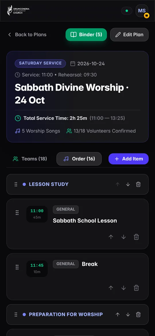 7App order of service with start times for every item