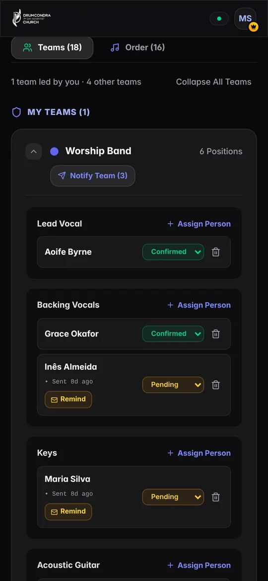 7App team roster with confirmed and pending volunteers