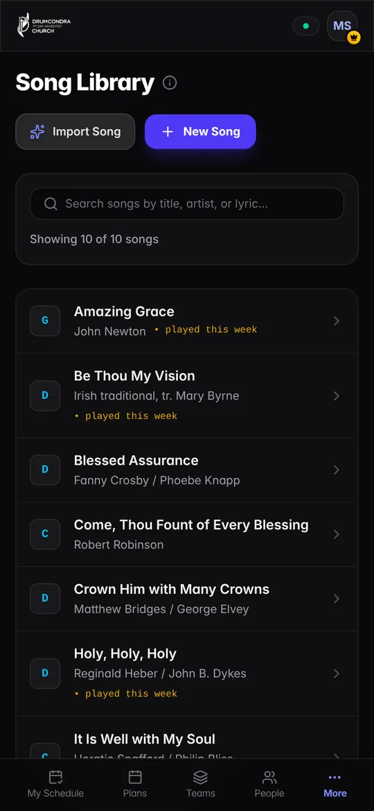 7App song library with keys and last-played dates