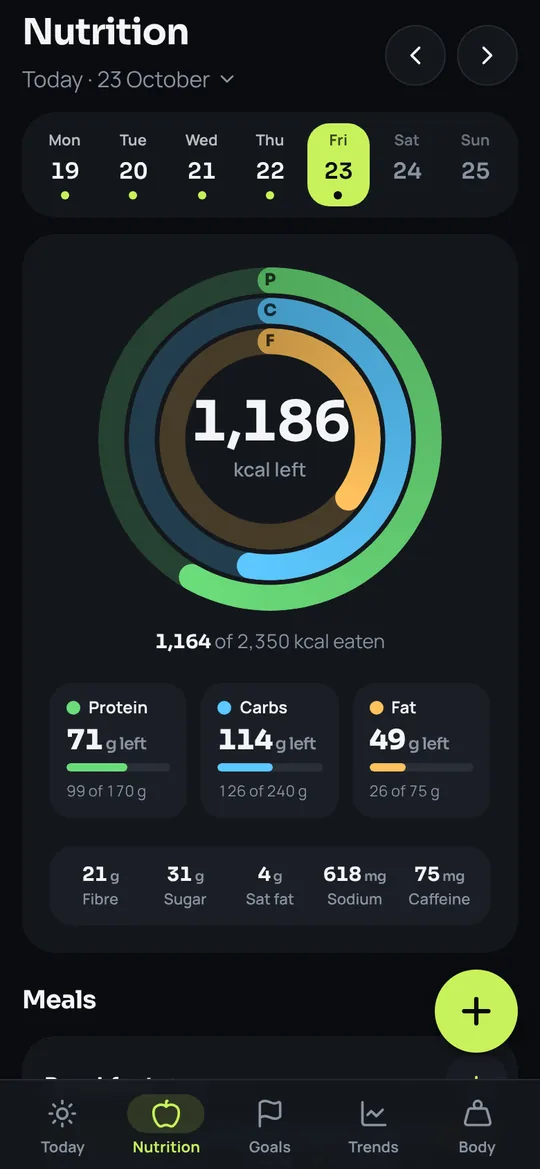 Macros Nutrition screen with calories left and the day's meals