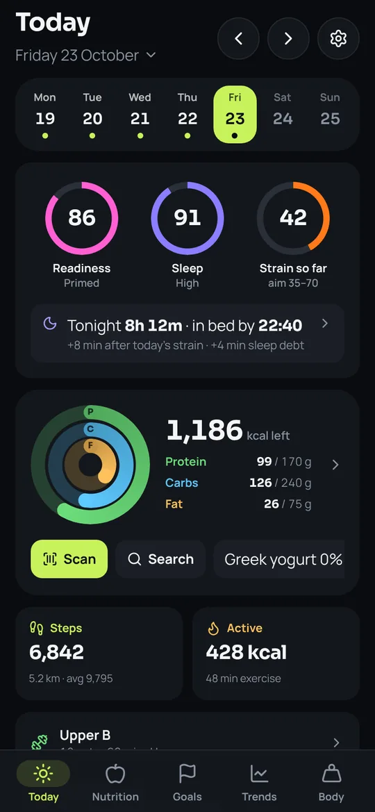 Macros Today screen with readiness, sleep and strain scores and macro rings